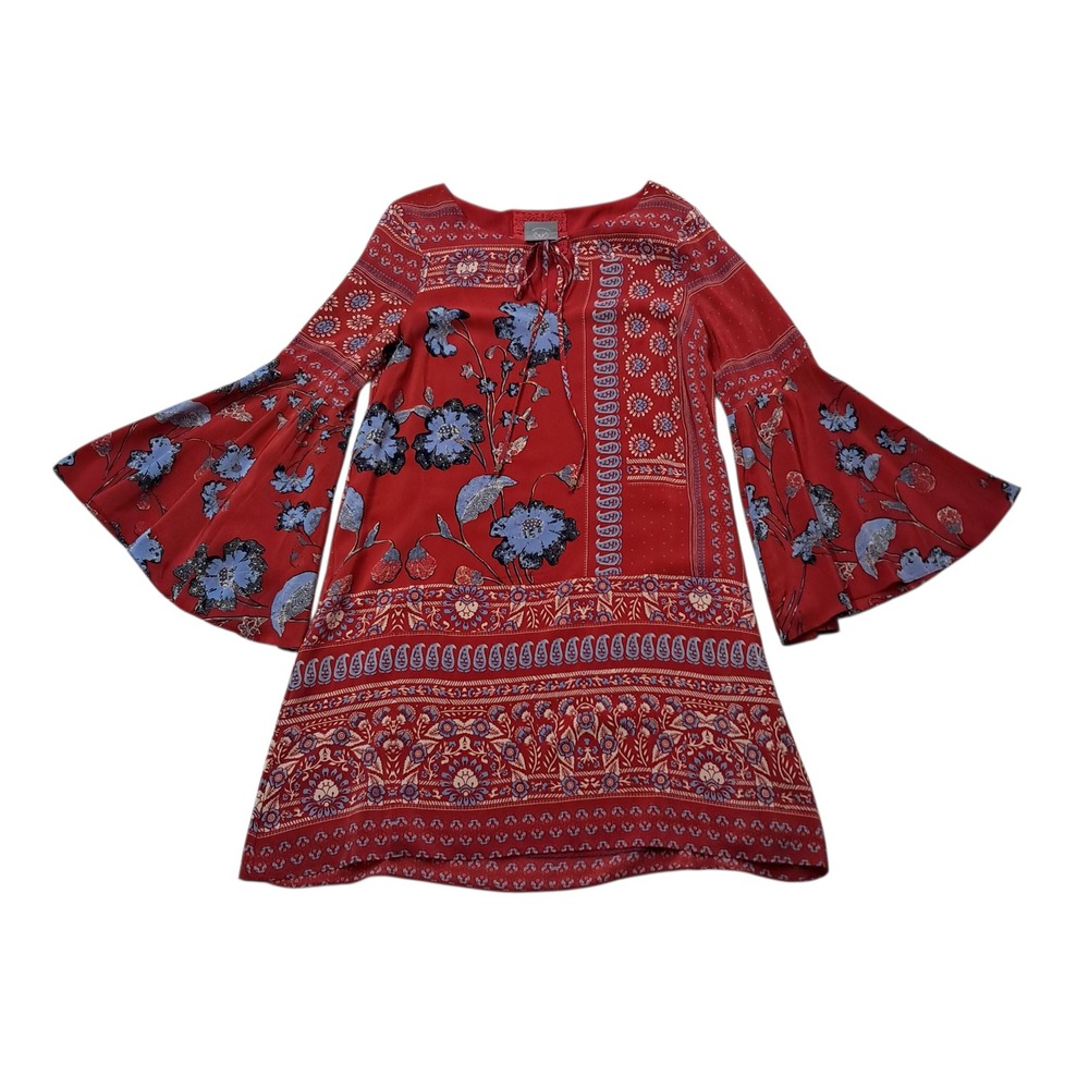 Anthropologie Vanessa Virginia Dress Womens 4 Red Mini Floral Peasant Silk Boho‎